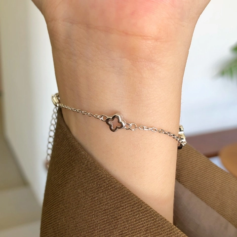 Pulsera de Trébol de Cuatro Hojas de Plata de Ley S925 para Mujer con Circonia 5A Incrustada Cadena Ajustable Joyería