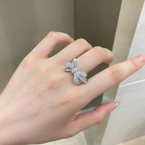 Anello Fiocco in Argento Sterling 925 per Donna Lussuoso Zirconia Intarsiato Moda Pendolare Stile Gioielli Regalo Fidanzamento Matrimonio