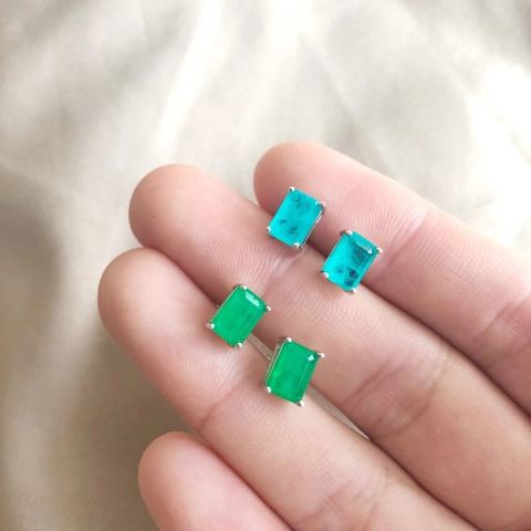 Luxury 925 Sterling Silver Emerald Cut Zirconia Stud Earrings For Women Retro Rectangle Green Blue Wedding Jewelry