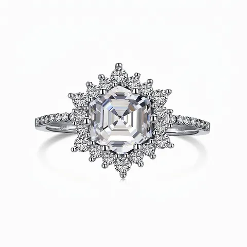 Anello in Argento Sterling 925 per Donna Esagono di Lusso Zirconia Intarsiato Girasole Fidanzamento Matrimonio Gioielli Regalo