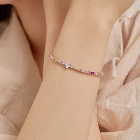 925 Sterling Silver Heart Zirconia Tennis Bracelet For Women Multi Color Colorful Stone Fashion Wedding Elegant Jewelry