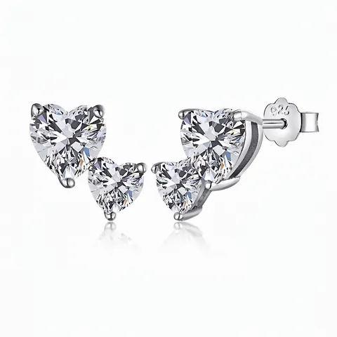 Boucles d'Oreilles Clous Cœur en Argent Sterling S925 pour Femmes Incrustées de Zirconia Double Cœur Bijoux Romantiques