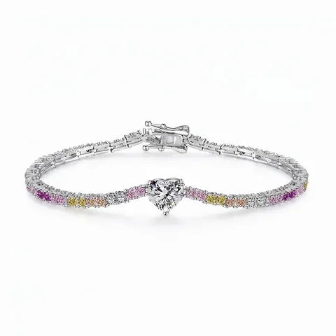 925 Sterling Silver Heart Zirconia Tennis Bracelet For Women Multi Color Colorful Stone Fashion Wedding Elegant Jewelry