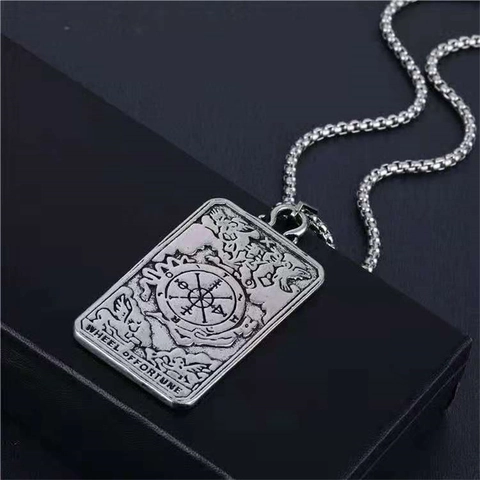 Collar De Aleación Vintage Con Colgante De Carta De Tarot Rueda De La Fortuna Cadena De Eslabones Plata Joyería Para Hombre Mujer