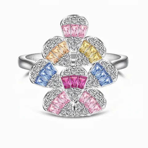S925 Sterlingsilber Ring Für Damen Heißluftballon Fächerform Bunter Zirkonia Eingelegt Individuelles Design Leichter Luxus Schmuck