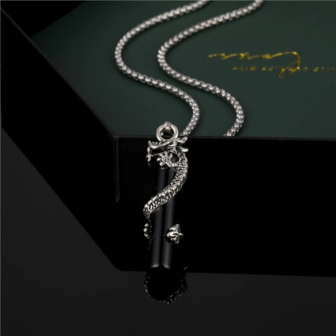 Vintage Alloy Dragon Wrap Pillar Pendant Necklace Retro Chinese Style Black Column Jewelry For Men Women Daily Commuter
