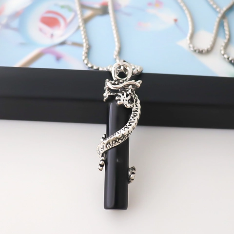 Vintage Alloy Dragon Wrap Pillar Pendant Necklace Retro Chinese Style Black Column Jewelry For Men Women Daily Commuter