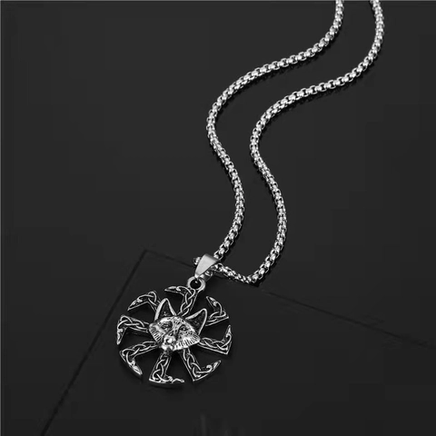 Vintage Alloy Wolf Head Kolovrat Pendant Necklace Slavic Sun Wheel Celtic Knot Punk Jewelry For Men Women Silver Color