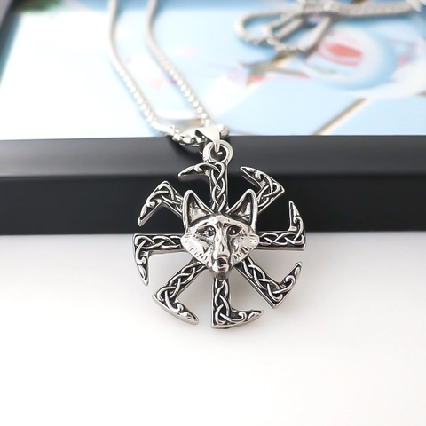 Vintage Alloy Wolf Head Kolovrat Pendant Necklace Slavic Sun Wheel Celtic Knot Punk Jewelry For Men Women Silver Color