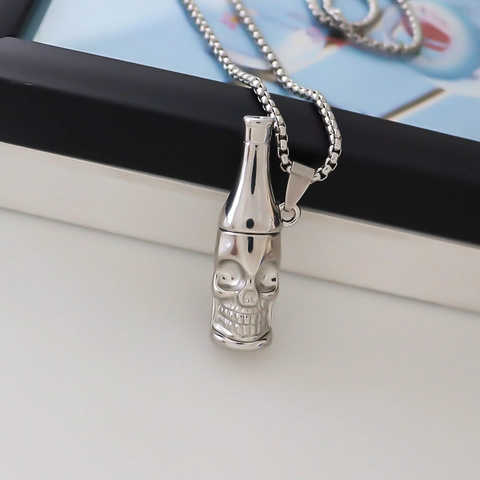 Gothic Punk Schedel Fles Hanger Ketting Voor Mannen Vrouwen Zilver Legering Skelet Hoofd Fles Bedeltje Straat Hip Hop Sieraden