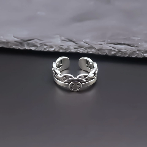 Anello Aperto a Catena con Faccina Sorridente Argento Antico Retro Unisex Moda Minimalista Stile Punk Anello Regolabile in Lega Gioielli Regalo