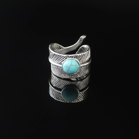 Anello Aperto in Lega Vintage a Forma di Piuma Regolabile con Turchese Colore Argento Retrò per Uomo Donna Gioielli Etnici