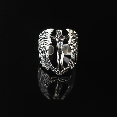 Vintage Gothic Punk Angel Wings Cross Alloy Ring Carved Antique Silver Adjustable Open Ring Personality Jewelry For Men Women