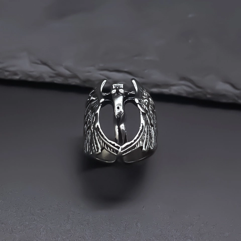 Vintage Gothic Punk Angel Wings Cross Alloy Ring Carved Antique Silver Adjustable Open Ring Personality Jewelry For Men Women