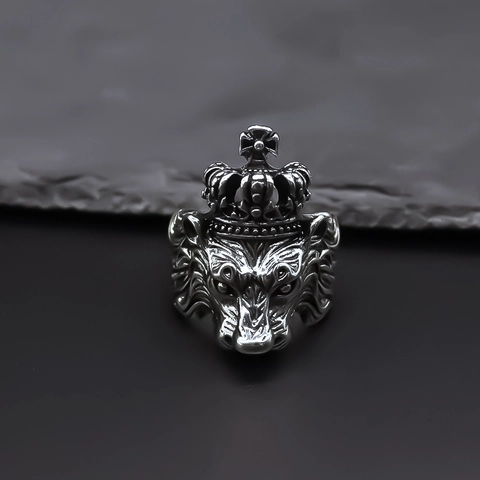 Vintage Lion Head Crown Open Ring For Men Women Alloy Electroplated Punk Rock Style Antique Silver Adjustable Ring