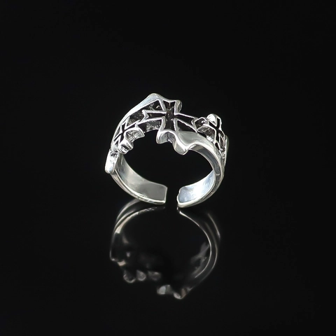 Retro Alloy Cross Pattern Open Ring Gothic Punk Hollow Out Silver Adjustable Ring For Men Women Dark Style Jewelry Accessories