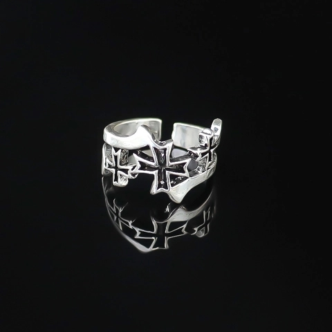 Retro Alloy Cross Pattern Open Ring Gothic Punk Hollow Out Silver Adjustable Ring For Men Women Dark Style Jewelry Accessories