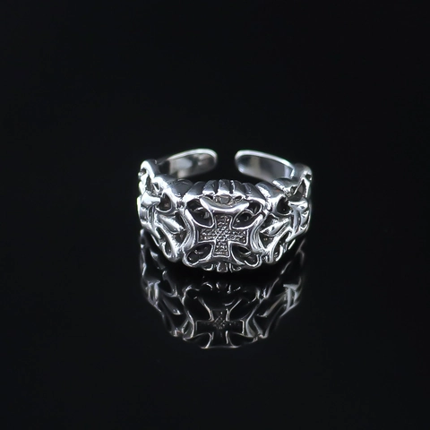 Men's Retro Gothic Punk Cross Open Ring Alloy Distressed Silver Fleur De Lis Relief Adjustable Finger Ring Fashion Jewelry