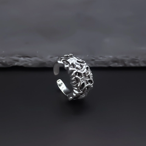 Men's Retro Gothic Punk Cross Open Ring Alloy Distressed Silver Fleur De Lis Relief Adjustable Finger Ring Fashion Jewelry