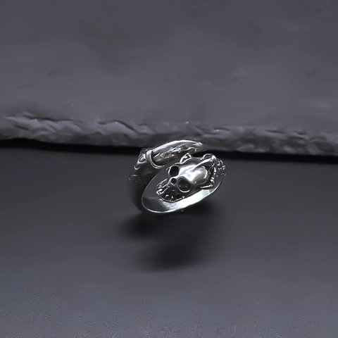 Vintage Men Alloy Gothic Skull Snake Open Adjustable Ring Punk Style Silver Plated Statement Finger Ring Jewelry Gift