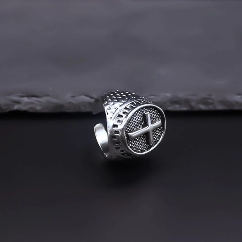 Vintage Gothic Cross Adjustable Alloy Ring For Men Punk Streetwear Antique Silver Electroplated Open Band Ring Jewelry Gift