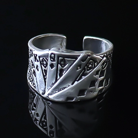 Vintage Silber Legierung Pokerkarten Offener Ring Für Herren Punk Retro Royal Flush Spielkarten Verstellbarer Fingerschmuck