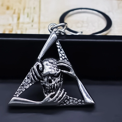 Punk Gothic Totenkopf Dreieck Metall Schlüsselanhänger Antik Silber Skelett Hand Anhänger Schlüsselring Für Herren Streetwear