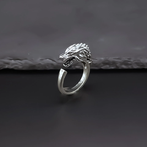 Vintage Punk Wolf Head Adjustable Opening Ring For Men Women Gothic Retro Alloy Animal Carved Statement Biker Finger Jewelry
