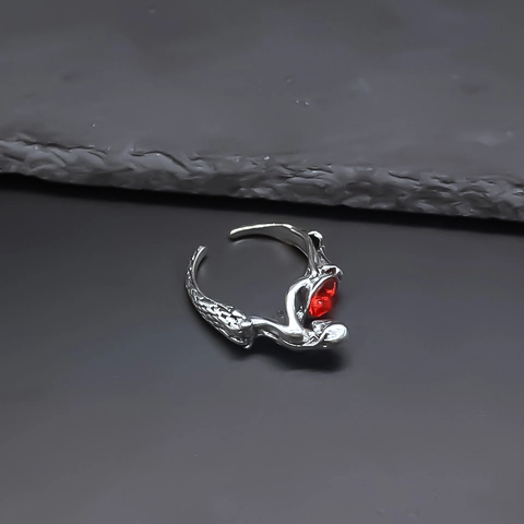 Vintage Punk Meerjungfrau Mit Rotem Herz Strass Offener Legierung Ring Für Damen Herren Gothic Schmuck Antik Silber Finish