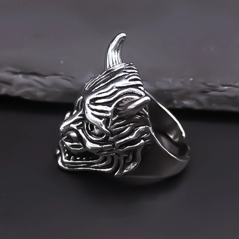 Vintage Hannya-Maske Offen Verstellbarer Ring Für Herren Retro Punk Gothic Legierung Doppelhorn Tier Maske Ring Hip Hop Mode Schmuck