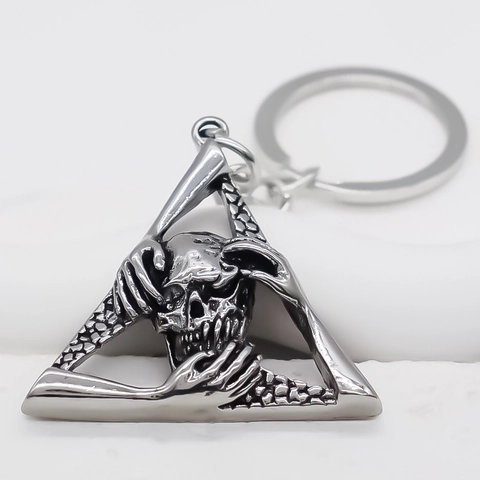 Punk Gothic Totenkopf Dreieck Metall Schlüsselanhänger Antik Silber Skelett Hand Anhänger Schlüsselring Für Herren Streetwear
