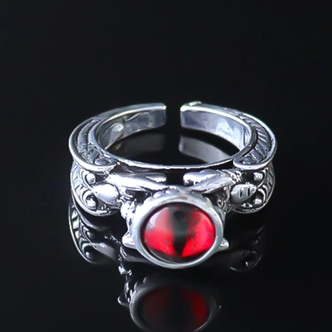 Vintage Gothic Dragon Eye Adjustable Ring For Men Retro Silver Alloy Red Rhinestone Punk Hip Hop Streetwear Finger Ring