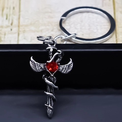 Gothic Sword Cross Snake Pendant Keychain Alloy Red Rhinestone Wings Heart Retro Punk Metal Keyring For Men Women Jewelry