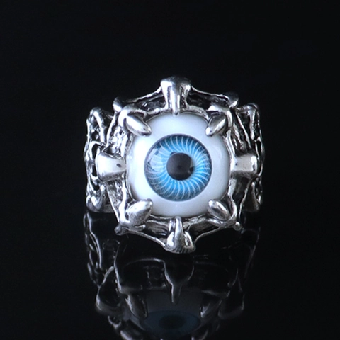 Gothic Punk Evil Eye Ring For Men Vintage Alloy Skeleton Claw Retro Hip Hop Blue Eyeball Finger Ring Fashion Jewelry