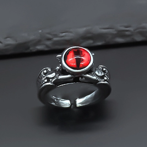 Vintage Gothic Dragon Eye Adjustable Ring For Men Retro Silver Alloy Red Rhinestone Punk Hip Hop Streetwear Finger Ring