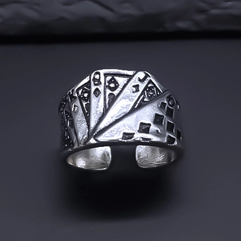 Vintage Silber Legierung Pokerkarten Offener Ring Für Herren Punk Retro Royal Flush Spielkarten Verstellbarer Fingerschmuck