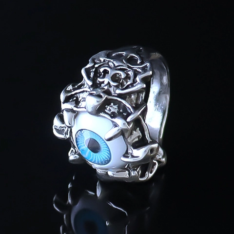 Gothic Punk Evil Eye Ring For Men Vintage Alloy Skeleton Claw Retro Hip Hop Blue Eyeball Finger Ring Fashion Jewelry