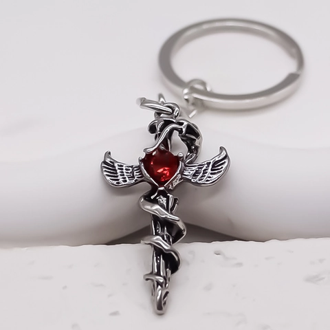Gothic Sword Cross Snake Pendant Keychain Alloy Red Rhinestone Wings Heart Retro Punk Metal Keyring For Men Women Jewelry
