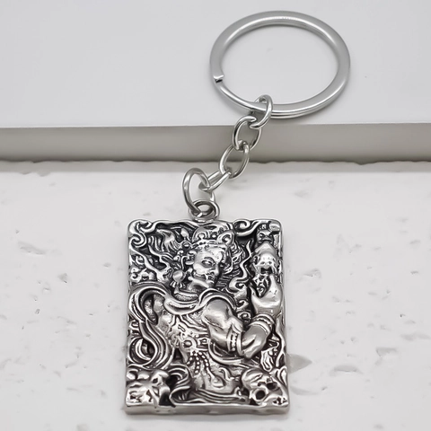 Vintage Totem Alloy Square Pendant Keychain For Men Fashion Antique Silver Embossed Mythical Figure Punk Skull Key Ring