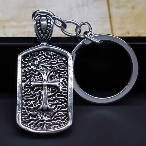Porte-clés Pendentif Croix en Alliage Gothique Vintage pour Hommes Femmes Punk Rock Plaque Rectangulaire Argent Anneau de Clé Accessoires de Sac Mode