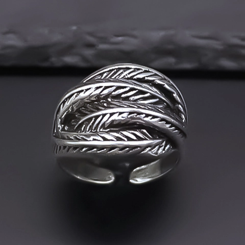 Vintage Punk Feather Alloy Open Ring For Men Retro Gothic Hip Hop Adjustable Finger Ring Statement Jewelry Gift