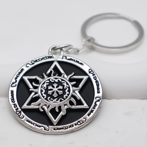 Porte-clés Rond en Alliage Rune Hexagramme Vintage Anneau de Clé en Métal Étoile Mystique pour Hommes Femmes Mode de Rue