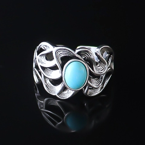 Anello Aperto in Lega Vintage da Uomo Con Turchese Artificiale Design a Onde Traforate Stile Etnico Bohémien Regolabile
