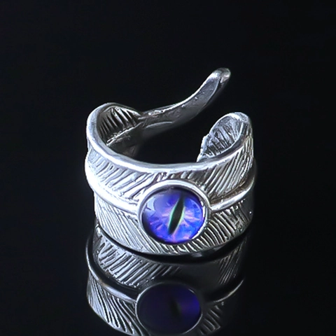 Vintage Alloy Feather Evil Eye Open Ring For Men Retro Adjustable Purple Cat Eye Stone Punk Gothic Jewelry Finger Ring