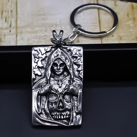 Llavero Colgante de Parca Esqueleto Gótico Plata Antigua Aleación de Zinc Cala-vera Cruz Anillo de Llave para Hombres Street Punk Rock Accesorios