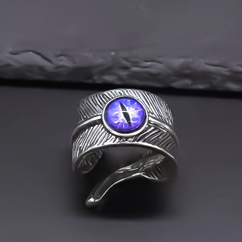 Vintage Alloy Feather Evil Eye Open Ring For Men Retro Adjustable Purple Cat Eye Stone Punk Gothic Jewelry Finger Ring