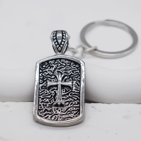 Porte-clés Pendentif Croix en Alliage Gothique Vintage pour Hommes Femmes Punk Rock Plaque Rectangulaire Argent Anneau de Clé Accessoires de Sac Mode