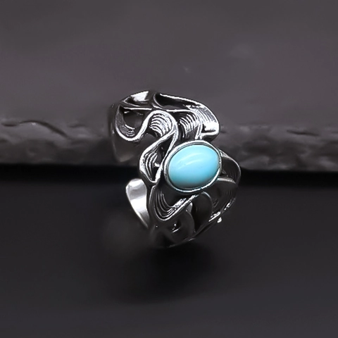 Anello Aperto in Lega Vintage da Uomo Con Turchese Artificiale Design a Onde Traforate Stile Etnico Bohémien Regolabile