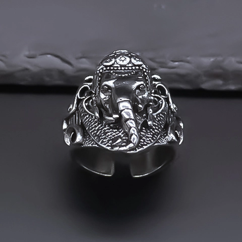Vintage Ganesha Head Elephant Ring For Men Retro Alloy Antique Silver Color Hip Hop Punk Adjustable Open Finger Jewelry Gift
