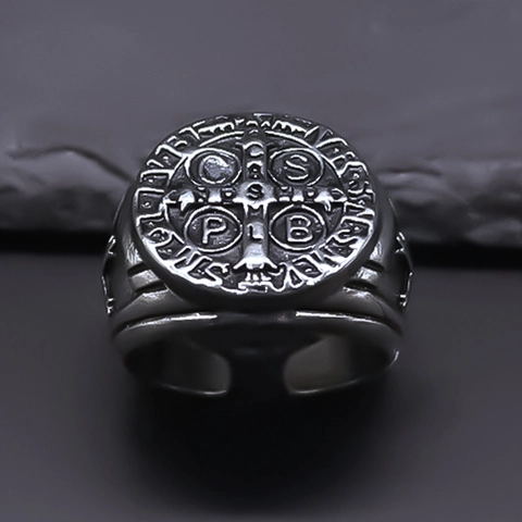 Vintage Benediktus Medaille Siegelring Für Damen Herren Legierung Kreuz Graviert Verstellbar Offener Ring Religiöser Punk Gotik Schmuck